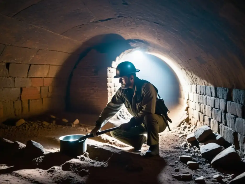 Un arqueólogo utiliza un detector de metales en un túnel histórico