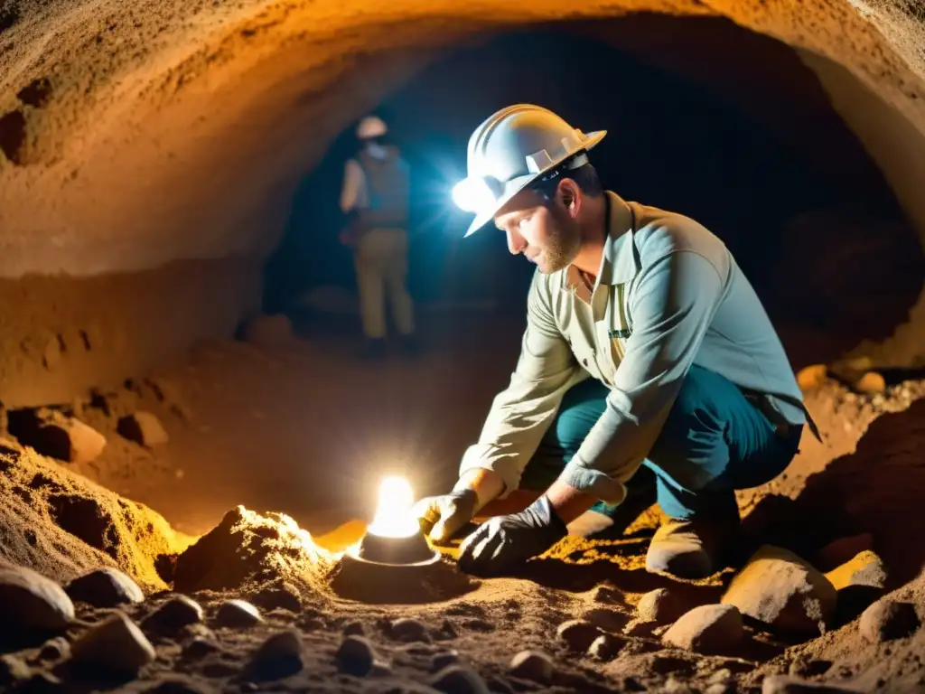 Un arqueólogo iluminado por una lámpara de cabeza, excavando con cuidado un sitio subterráneo