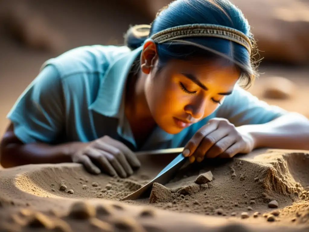 Un arqueólogo descubre patrones en un artefacto antiguo mientras danza con las partículas de sedimentología arqueológica subterránea