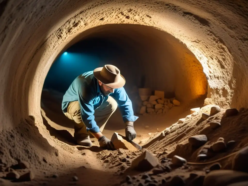 Un arqueólogo explorando con precisión un túnel antiguo en cálida luz, desvelando secretos del pasado