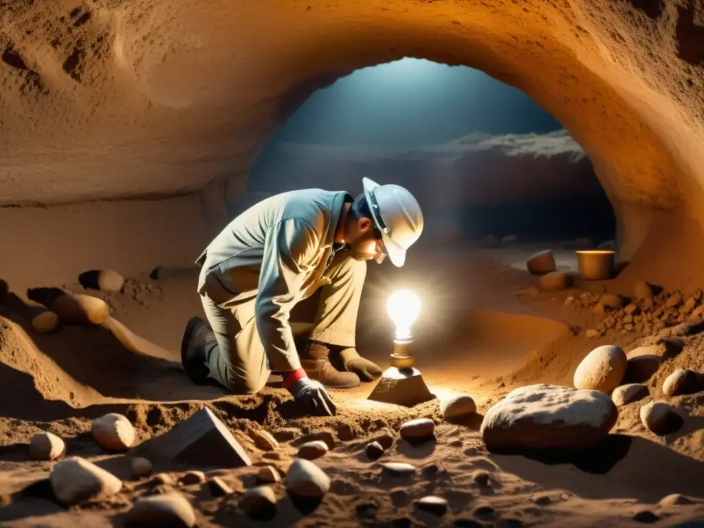 Excavación arqueológica con artefactos antiguos Un arqueólogo excava cuidadosamente un sitio subterráneo rodeado de artefactos antiguos, iluminado por la suave luz de una lámpara frontal