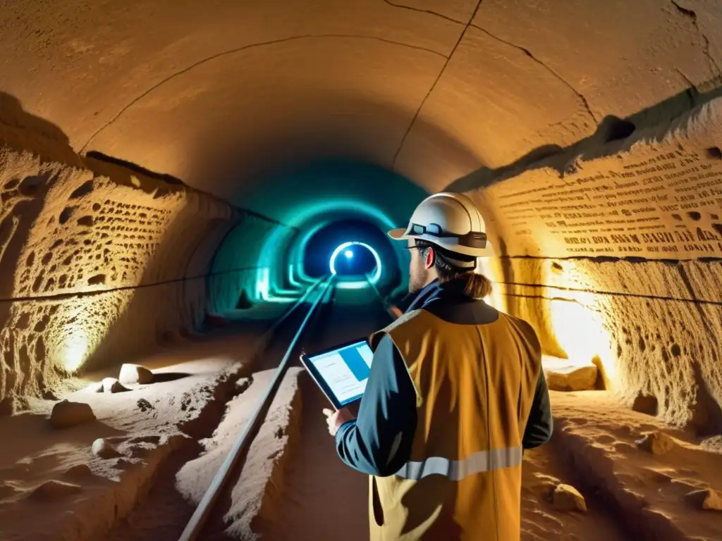 Arqueólogo explorando túnel subterráneo con aplicaciones de RA para exploración subterránea, fusionando historia y tecnología