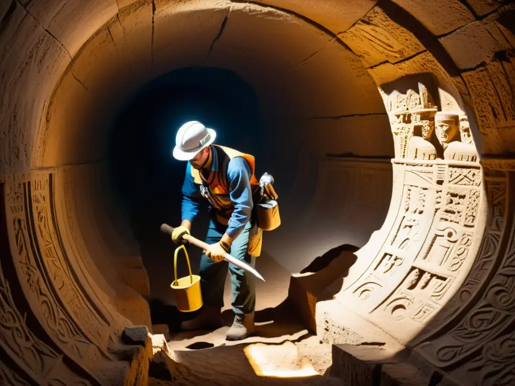 Arqueólogo explorando túnel histórico, iluminación suave resalta carvings y artefactos antiguos