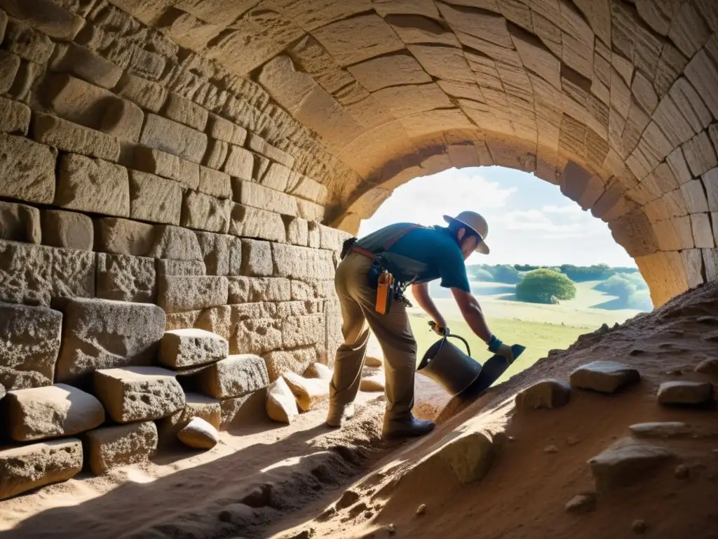 Arqueólogo excavando en túnel histórico, revelando artefactos y carvings antiguos