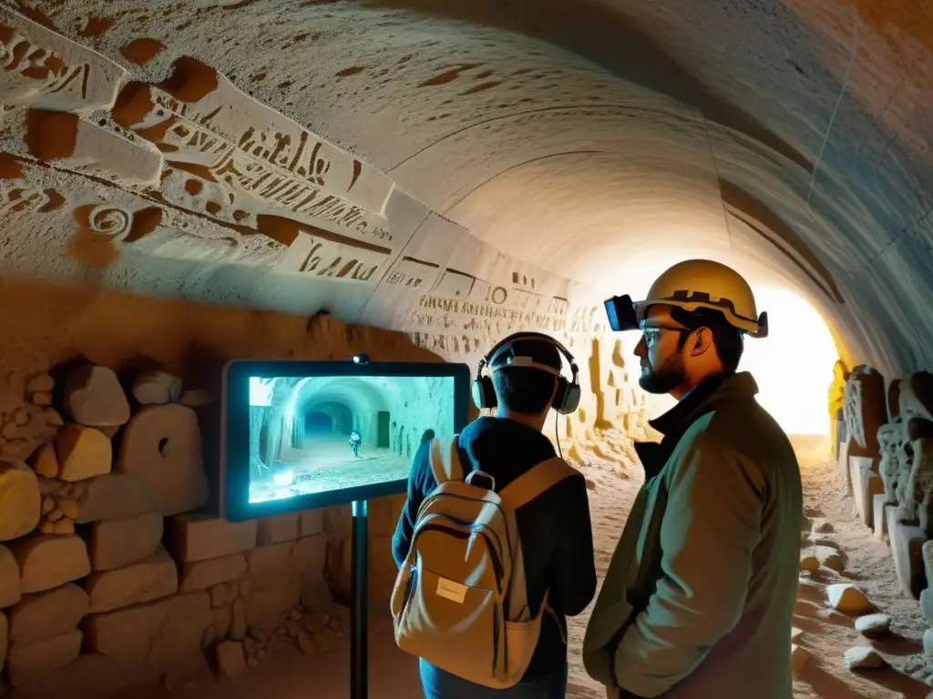 Arqueólogos utilizando aplicaciones de RA para exploración subterránea, mapeando digitalmente túnel lleno de artefactos antiguos