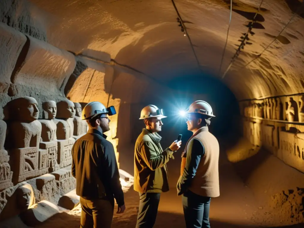 Arqueólogos exploran túnel subterráneo con aplicaciones de RA, revelando antiguas carvings y artefactos