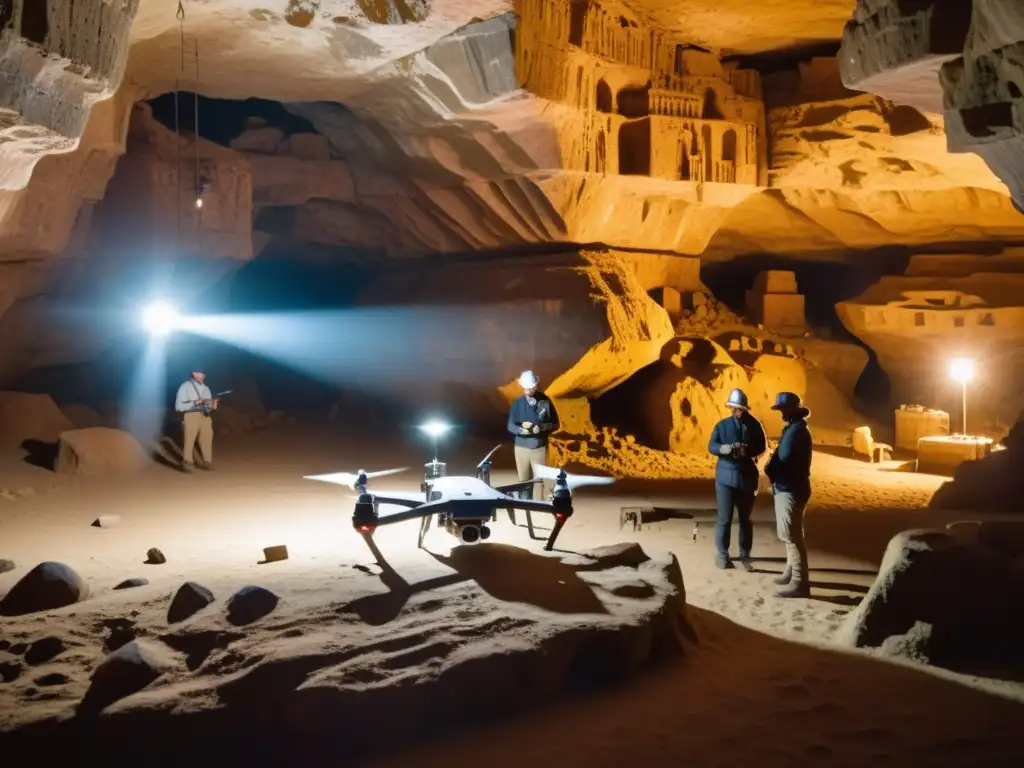 Arqueólogos operan drones con ética en sitio histórico subterráneo, capturando detalles