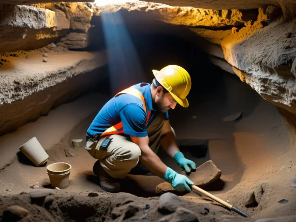 Arqueólogos preservando patrimonio subterráneo con herramientas esenciales, destacando dedicación y precisión en la conservación