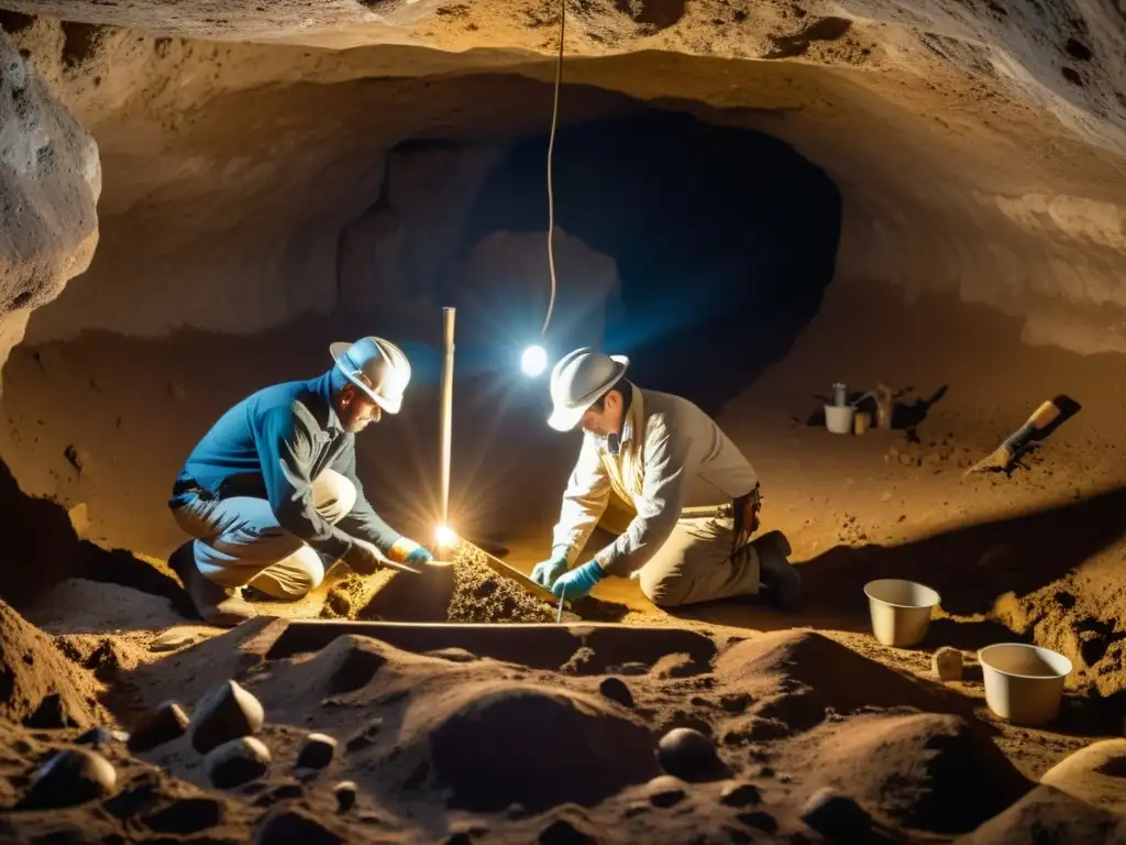 Arqueólogos excavando con precisión en sitio subterráneo, revelando historia preservada en la tierra