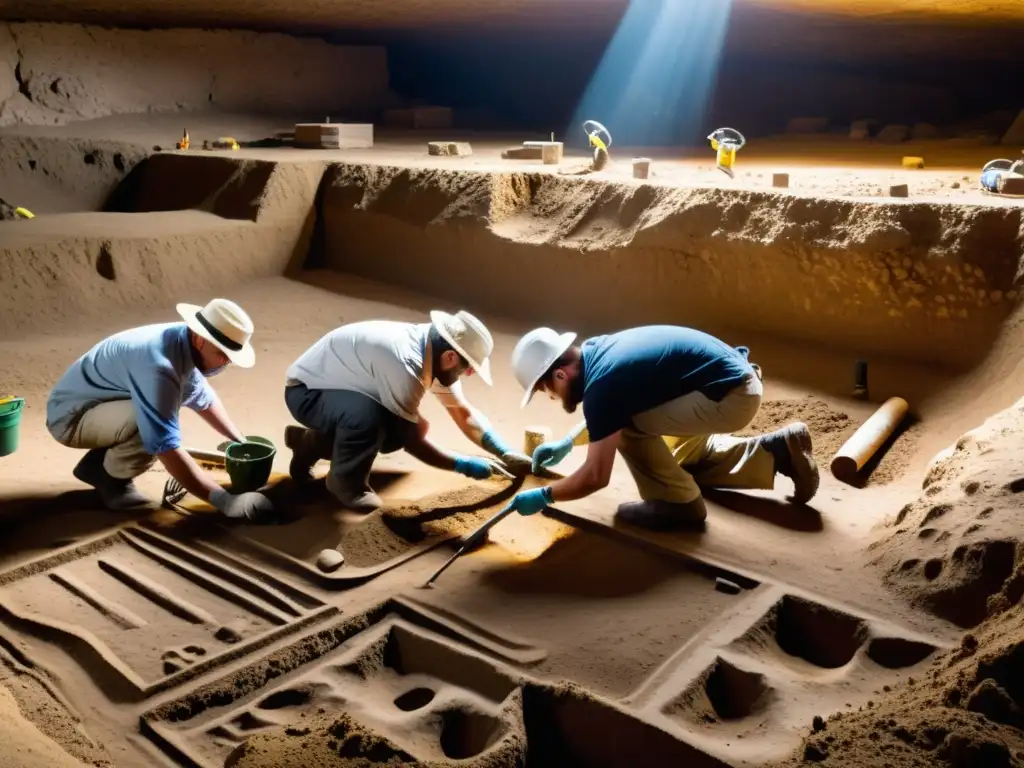 Arqueólogos excavando un sitio urbano subterráneo, descubriendo artefactos antiguos y estructuras bajo la tierra