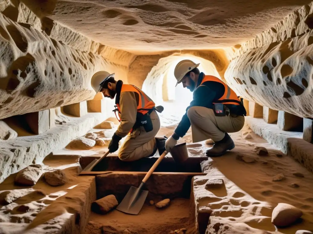 Arqueólogos conservando sitios históricos subterráneos con meticulosidad y dedicación, iluminados por cálida luz, revelando reliquias