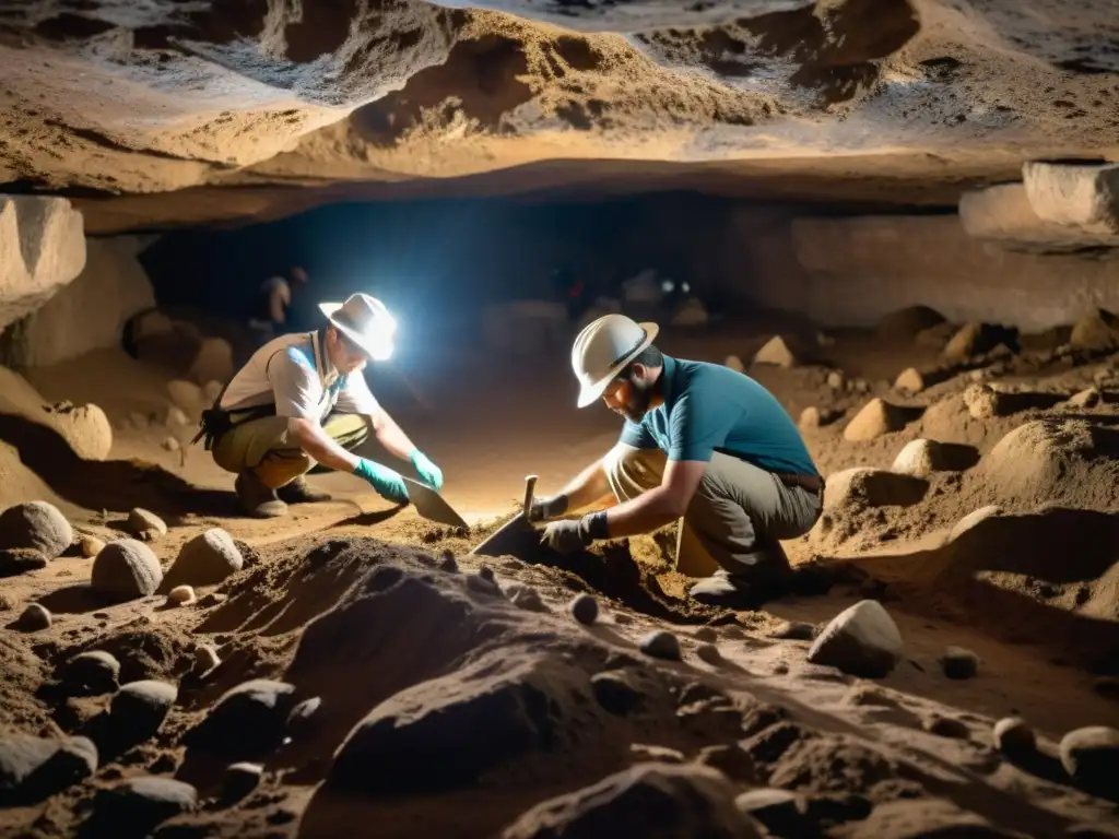 Arqueólogos excavando con técnicas de muestreo en sitios subterráneos, descubriendo antiguos artefactos y estructuras en un ambiente atmosférico