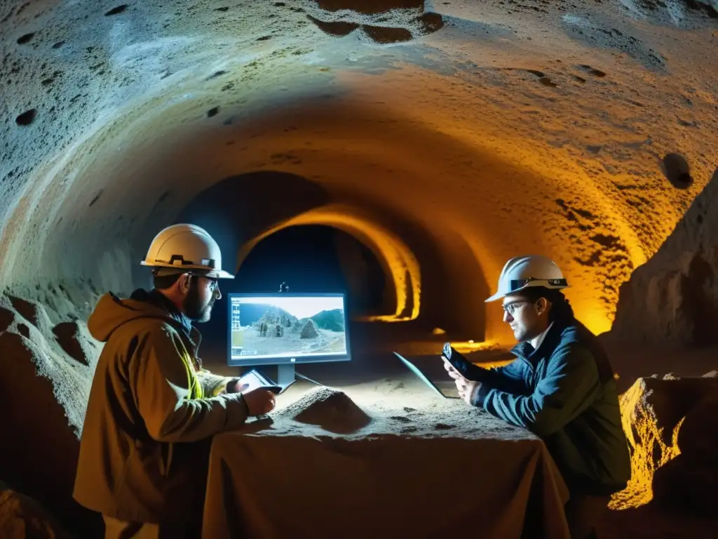 Arqueólogos usando tecnología de mapeo 3D para explorar estructuras subterráneas con precisión y dedicación