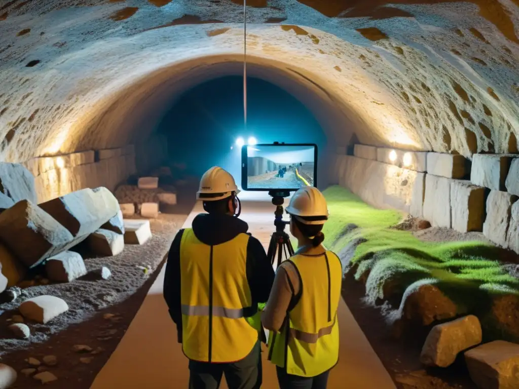 Arqueólogos usando tecnología de realidad aumentada para explorar y documentar un antiguo túnel