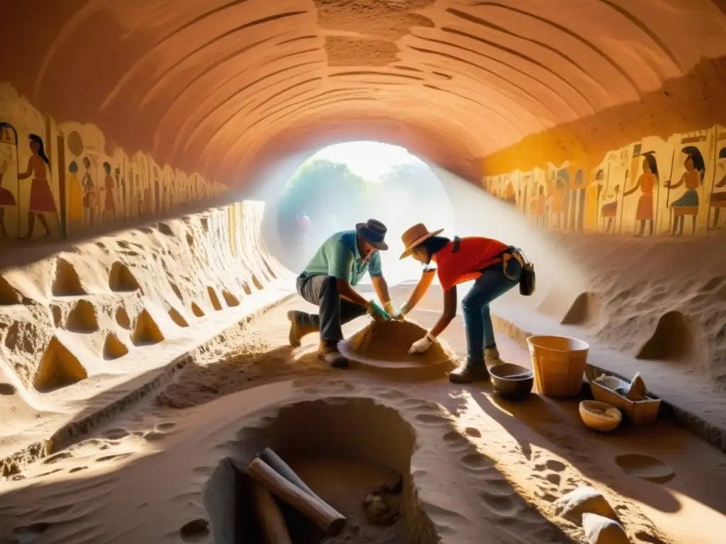 Arqueólogos excavando en un túnel histórico, descubriendo artefactos antiguos y murales coloridos, con una atmósfera de descubrimiento y reverencia