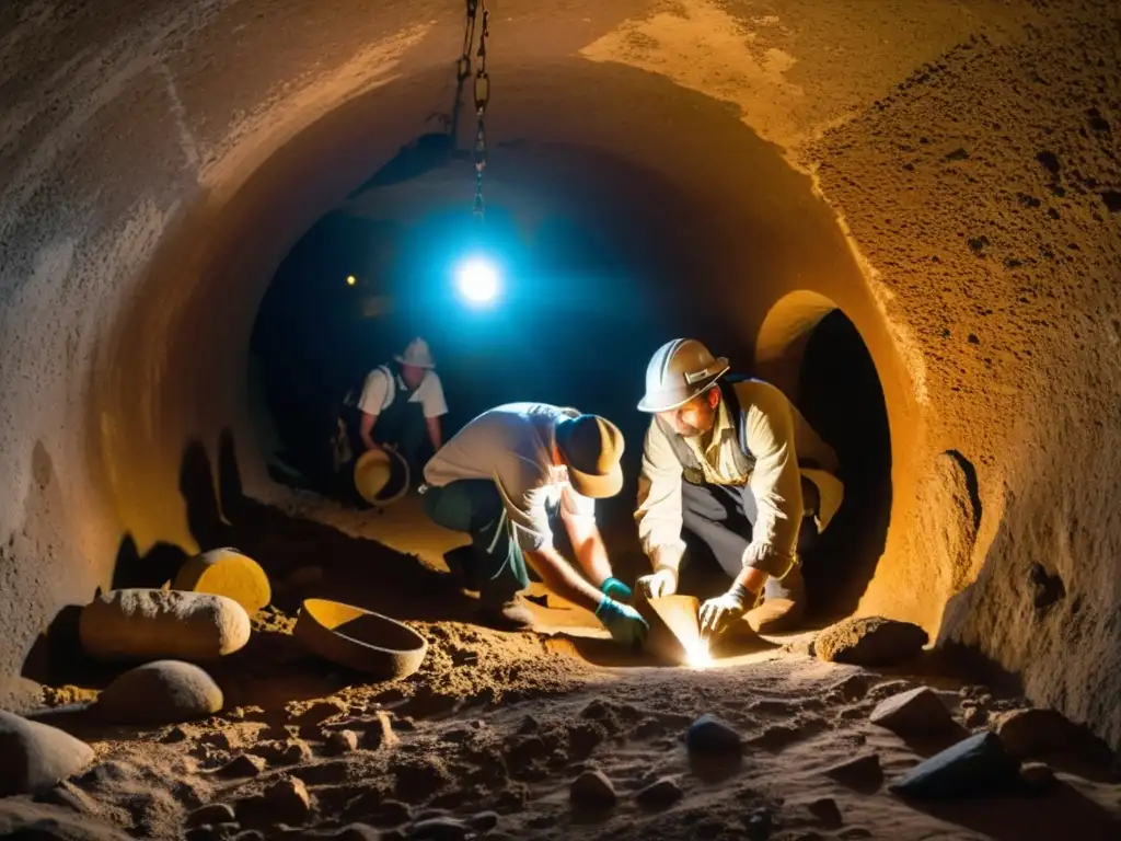 Arqueólogos explorando túnel histórico época romana, iluminado por luz de sus lámparas, descubriendo restos de antigua civilización