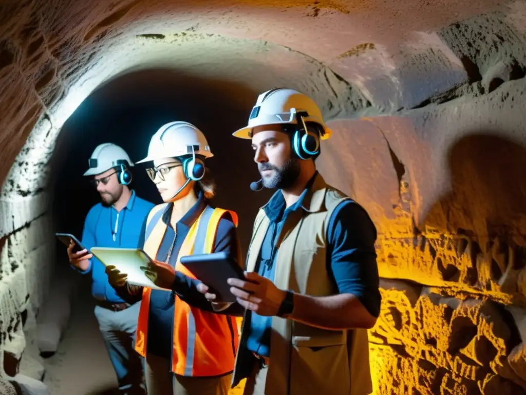 Arqueólogos exploran túneles históricos con aplicaciones de realidad aumentada, revelando artefactos y carvings en la penumbra