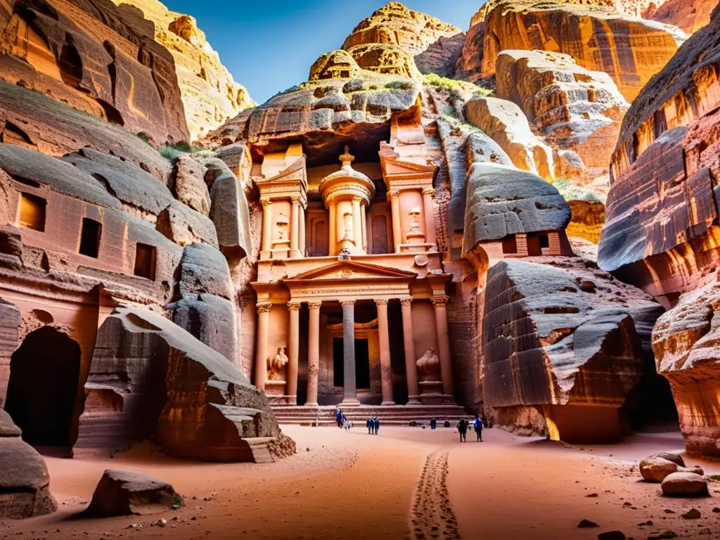 Arquitectura subterránea de la Ciudad Escondida de Petra: Intrincadas estructuras rocosas iluminadas por la misteriosa luz en las cámaras subterráneas