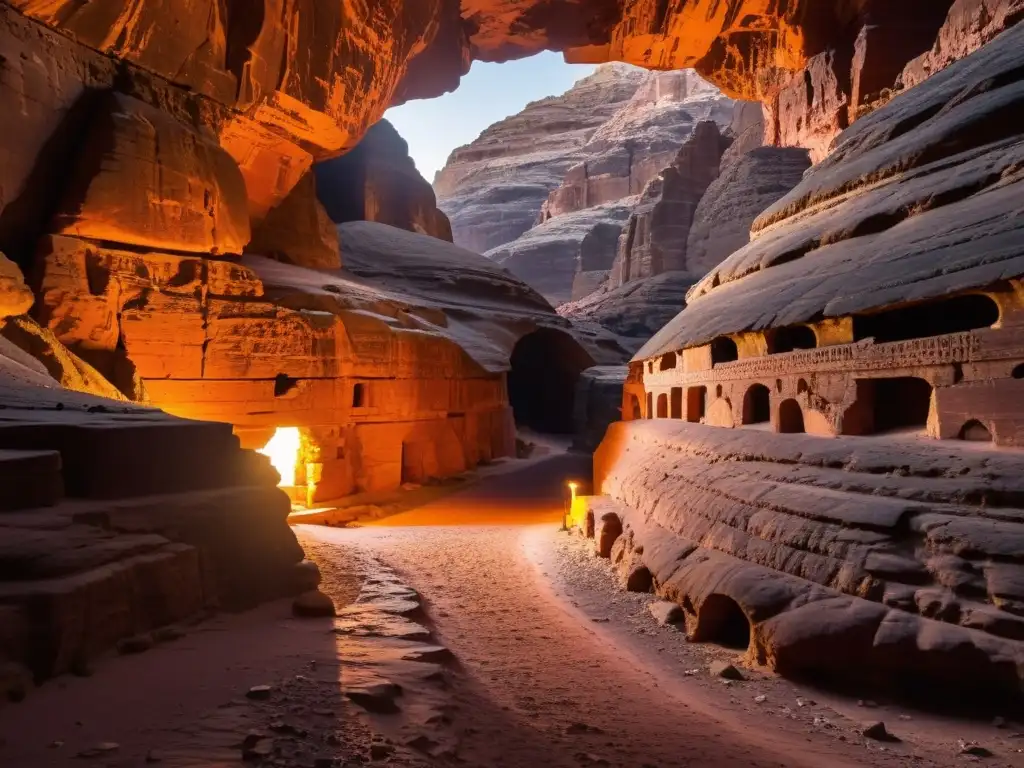 Arquitectura subterránea de la Ciudad Escondida de Petra: túnel iluminado por antorchas en la roca rojiza, evocando misterio y aventura