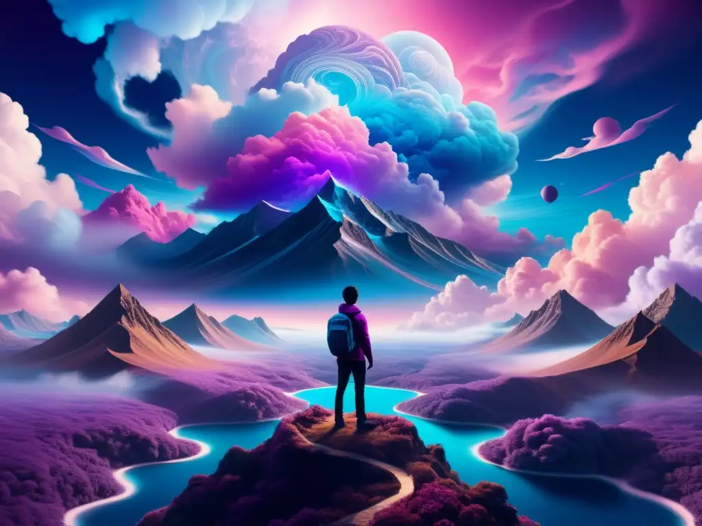 Profunda introspección en paisaje surrealista Arte digital hipnótico que muestra una mente adentrándose en un paisaje surrealista, con un efecto de las profundidades psíquicas