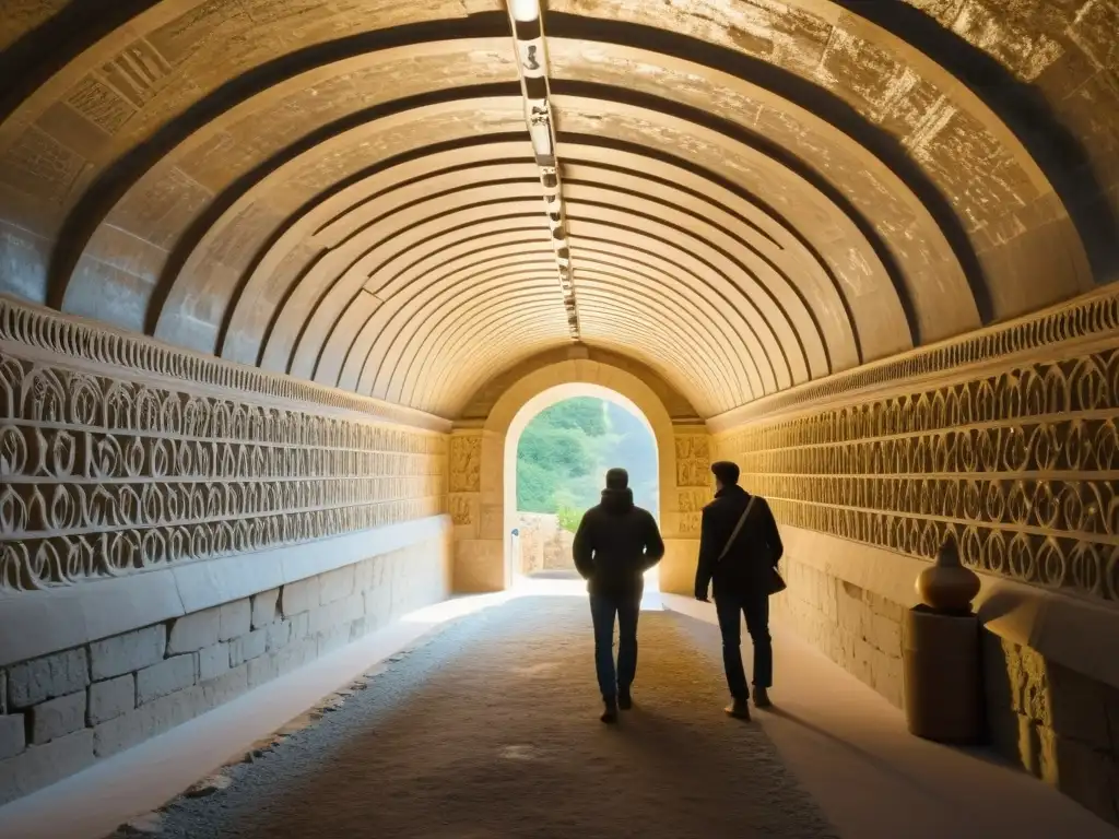 Artesanos restaurando un túnel histórico con frescos y esculturas, proyecto de inversión en túneles culturales