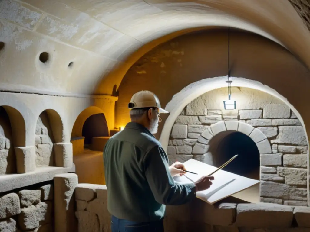 Un artista moderno meticulosamente pinta una réplica detallada de un túnel histórico subterráneo, capturando su atmósfera y arquitectura