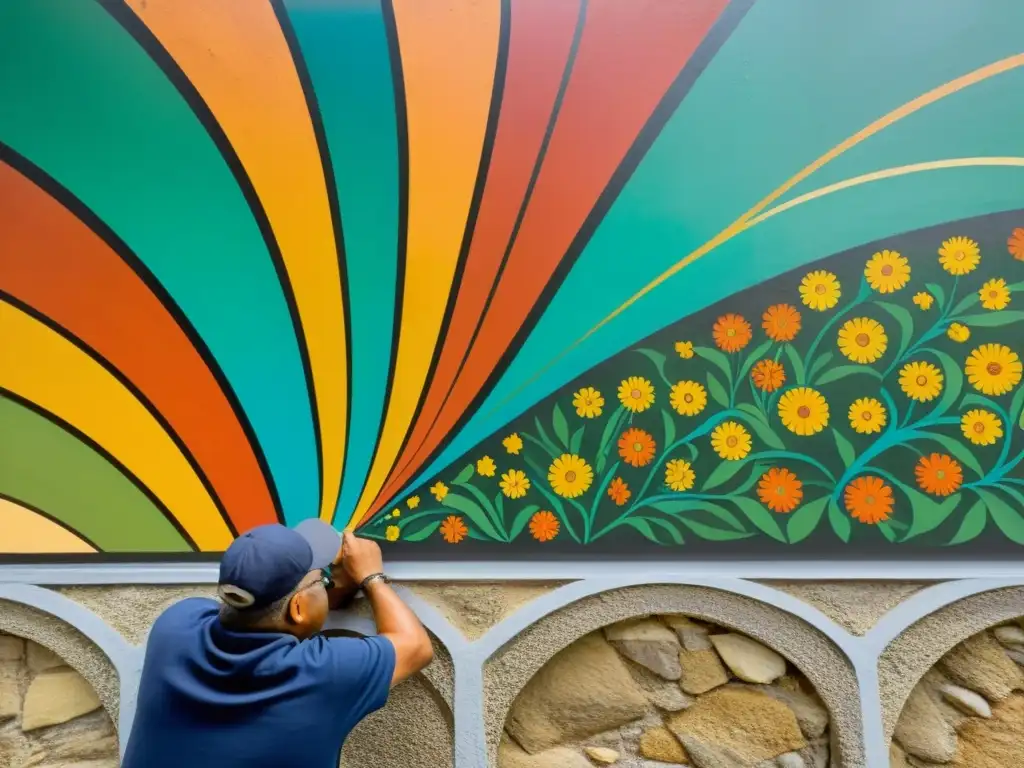 Artista restaurando mural en túnel, aplicando colores vibrantes que contrastan con la pared envejecida