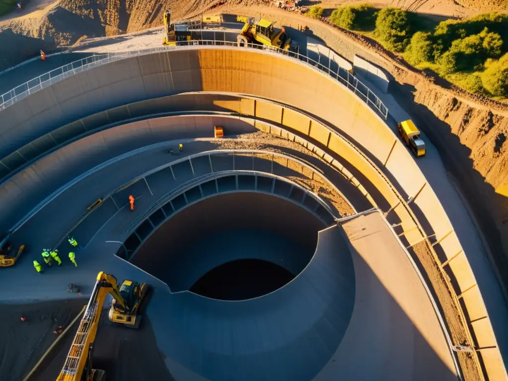 Un atardecer cálido ilumina la construcción de un túnel con trabajadores y maquinaria, destacando el reciclaje de materiales