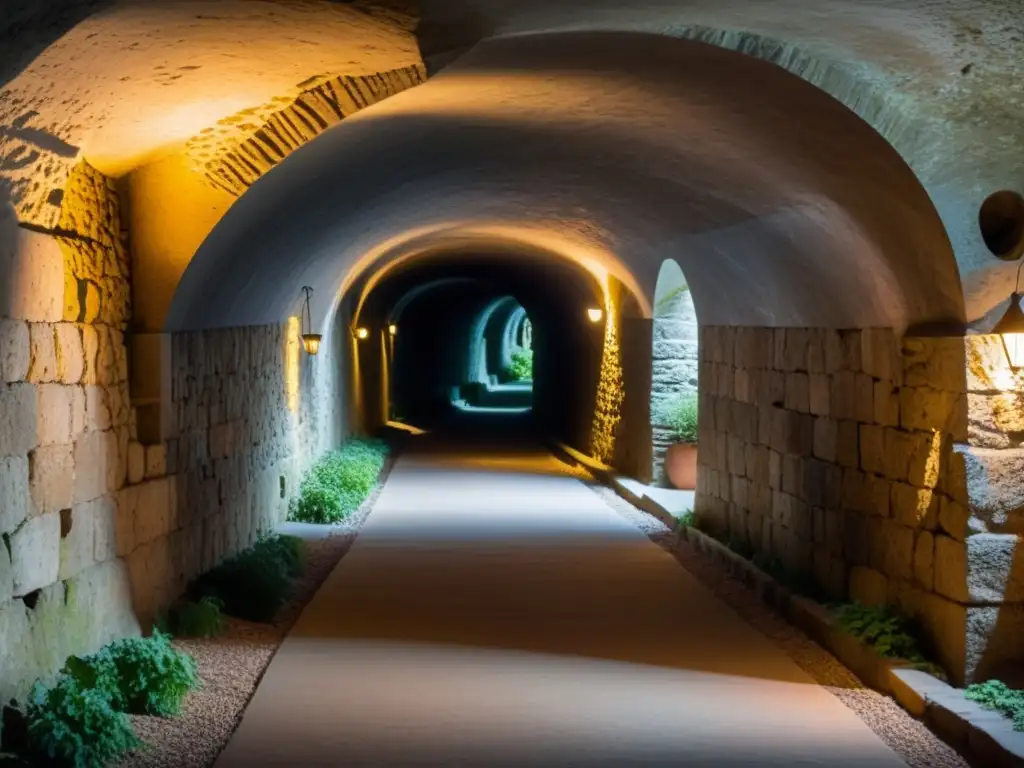 Explora la atmósfera misteriosa y antigua de un túnel subterráneo iluminado por antiguas linternas