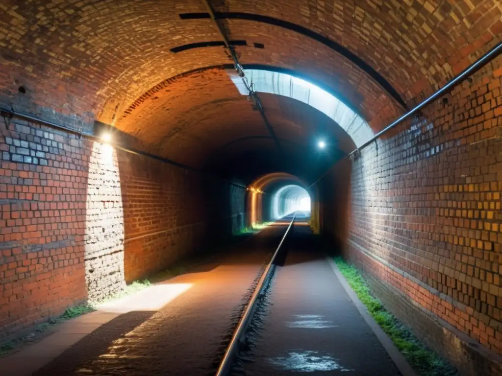 Explora la atmósfera misteriosa de un túnel histórico con luz dramática y sombras, evocando historia