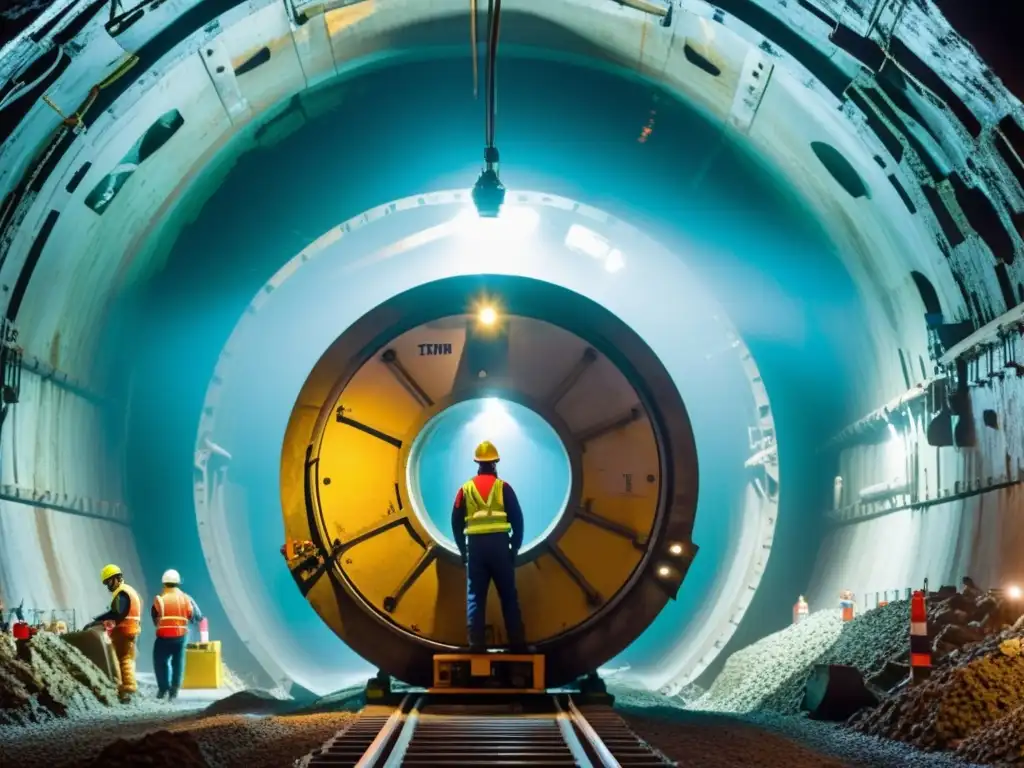 Avance innovador de túneles subacuáticos con ingenieros y trabajadores supervisando el progreso de la moderna tuneladora, rodeada de vida marina