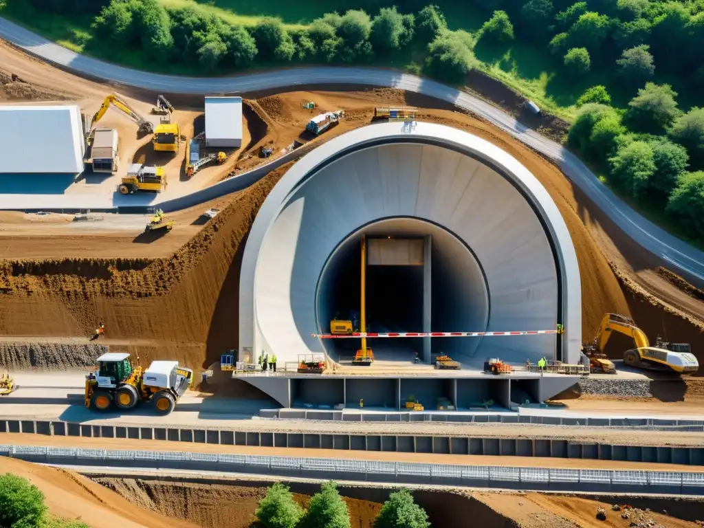 Avanzada tecnología de túneles en construcción, maquinaria innovadora y materiales de vanguardia destacan en la escena iluminada por la luz natural