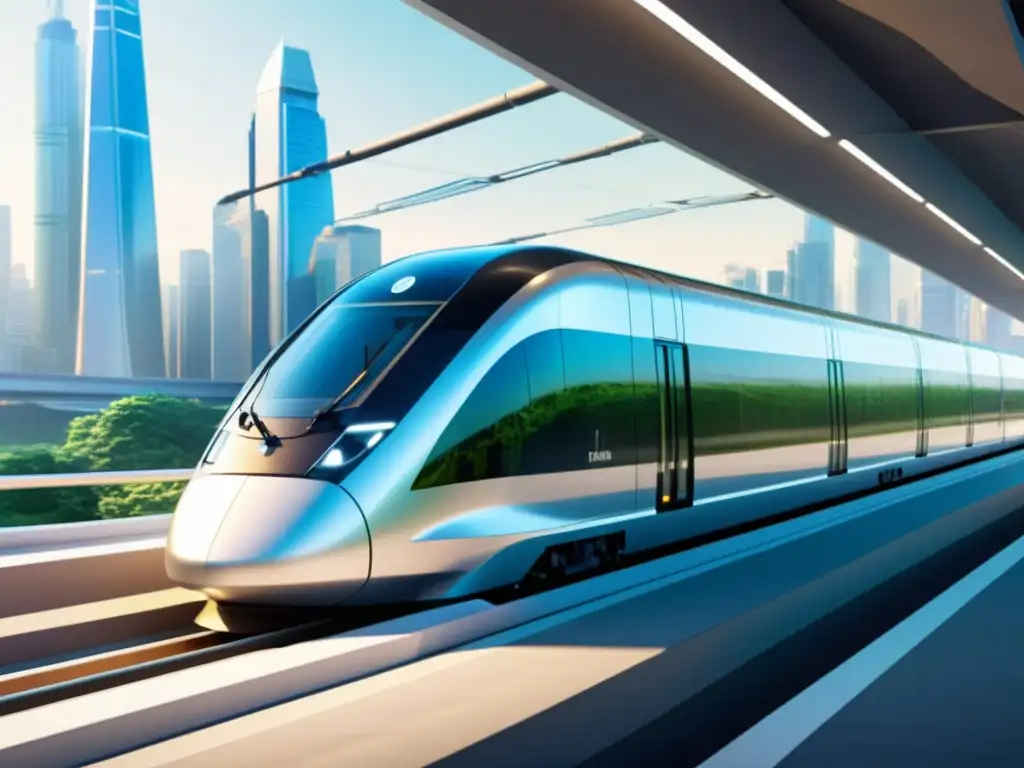 Avanzado tren maglev surcando un futurista túnel urbano, integrando tecnología y sostenibilidad en la ciudad