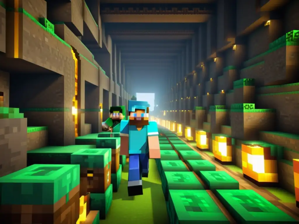 Avatares de Minecraft construyendo túneles subterráneos con precisión, iluminados por antorchas en un mundo virtual inmersivo