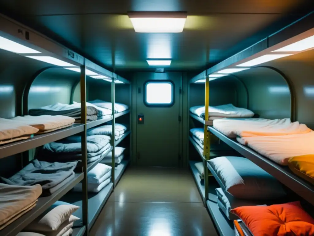 Búnker nuclear subterráneo: escena inquietante de supervivencia En una base subterránea nuclear de la URSS, figuras en trajes de protección inspeccionan un bunker con camas metálicas y estanterías llenas de suministros de supervivencia, creando una atmósfera inquietante