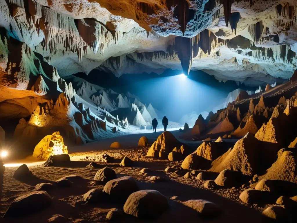 Explora la belleza de una cueva subterránea iluminada, destacando formaciones rocosas, estalactitas y estalagmitas