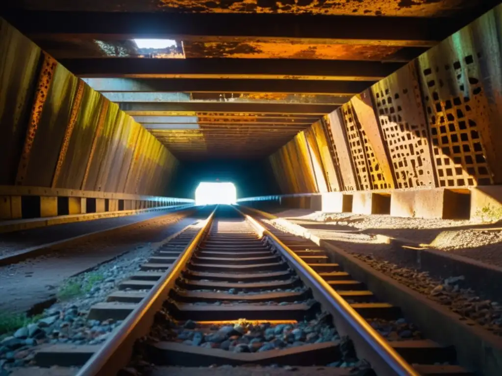 Explorando la belleza decadente y misteriosa de un túnel abandonado, iluminado por destellos de minerales coloridos