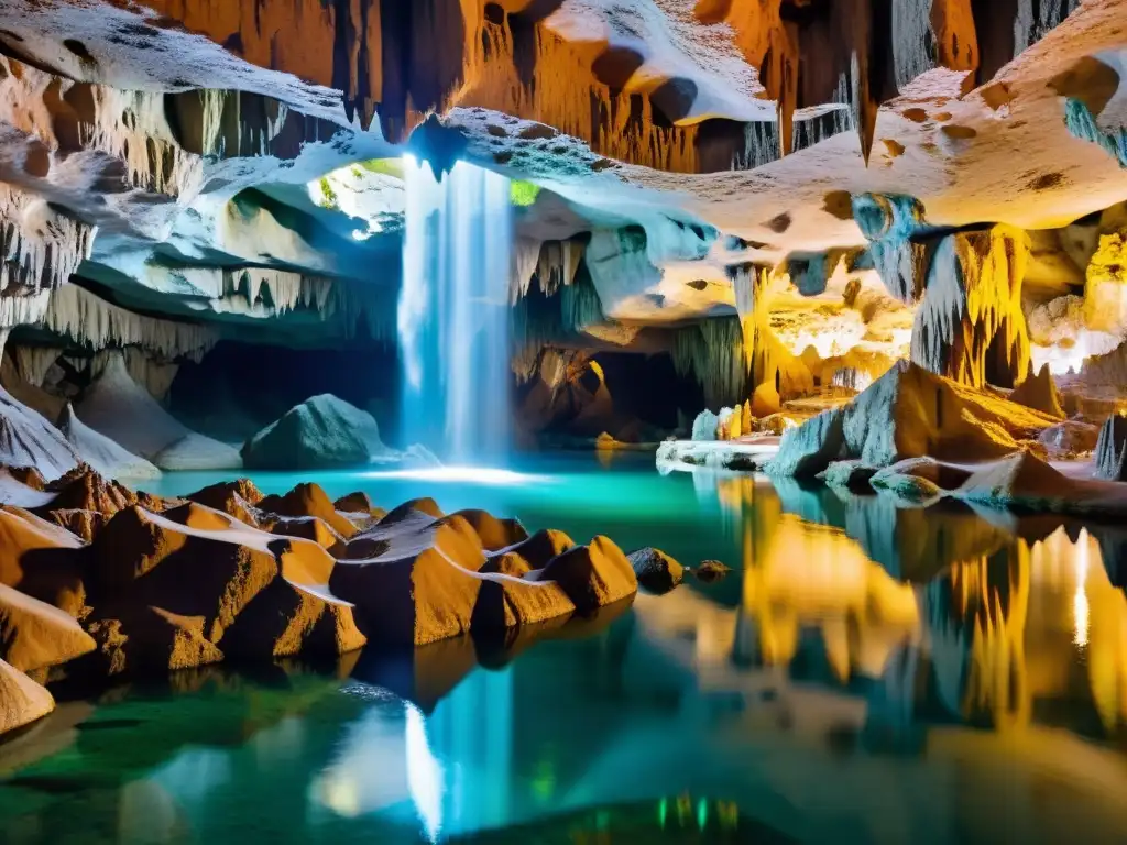 Explorando la belleza del desarrollo sostenible en turismo subterráneo, una caverna iluminada con luz natural revela un paisaje impresionante