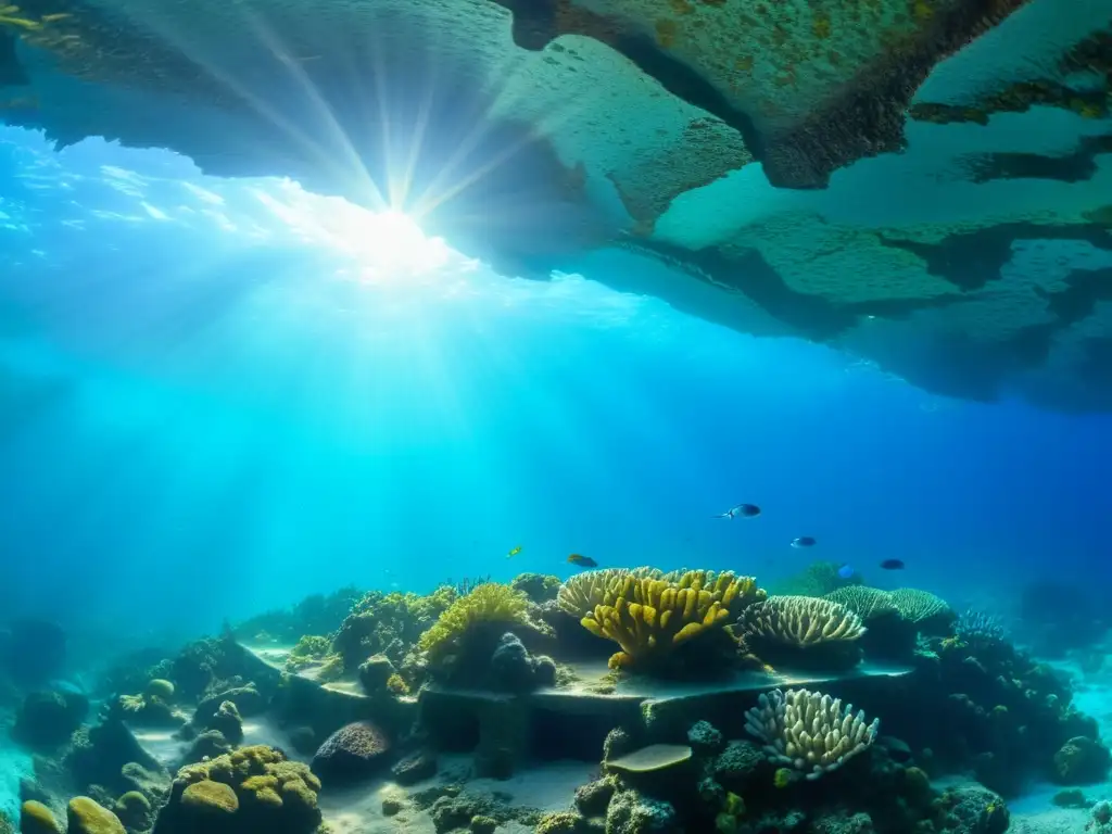 Explora la belleza misteriosa del túnel subacuático histórico, con paredes de piedra cubiertas de coral, vida marina y rayos de sol