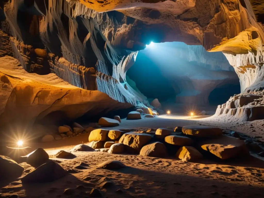 Explora la belleza oculta de cavernas subterráneas en esta fotografía en espacios subterráneos oscuros, iluminada por linternas y llena de misterio