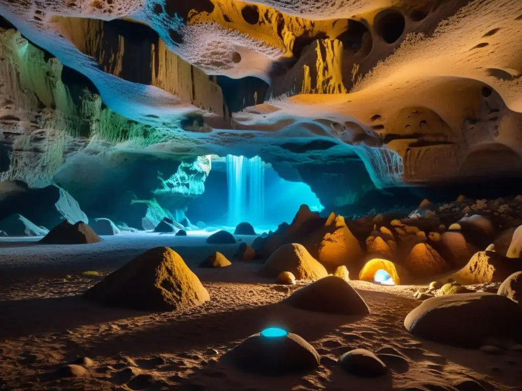Maravillosa caverna subterránea con hongos bioluminiscentes Explora la belleza subterránea de un mundo fascinante con formaciones rocosas y hongos bioluminiscentes