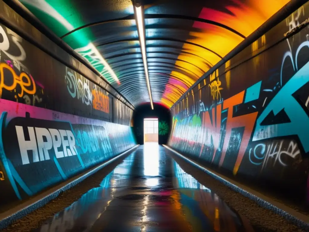 Explora la belleza urbana: túnel con graffiti iluminado por rayos de sol