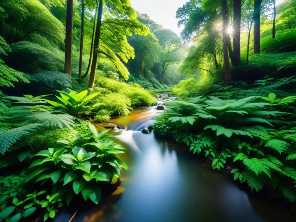 Un bosque exuberante y diverso, con árboles frondosos y una variedad de vida vegetal vibrante