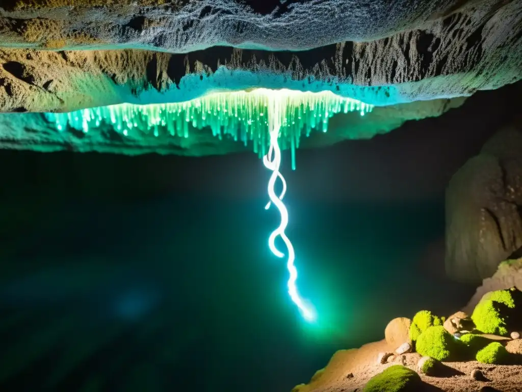 Brillante luciérnaga bioluminiscente en las Cuevas Waitomo, creando una escena mágica de luz nocturna