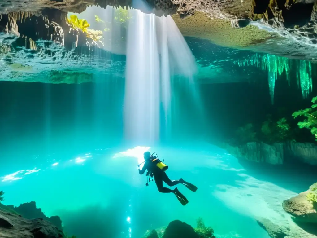 Buceo en cenotes Riviera Maya: Cenote cristalino rodeado de exuberante vegetación, formaciones rocosas y un buceador explorando su mística belleza