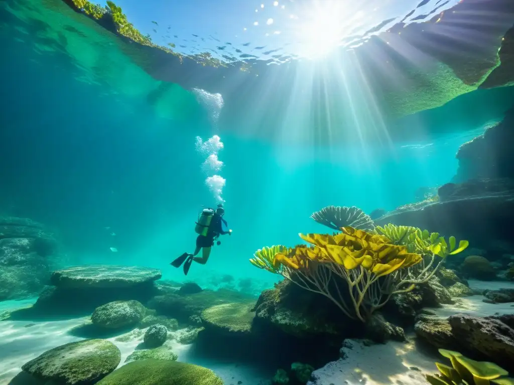 Buceo en cenotes Riviera Maya: Impresionante cenote subacuático con aguas turquesas, formaciones geológicas y vida marina colorida