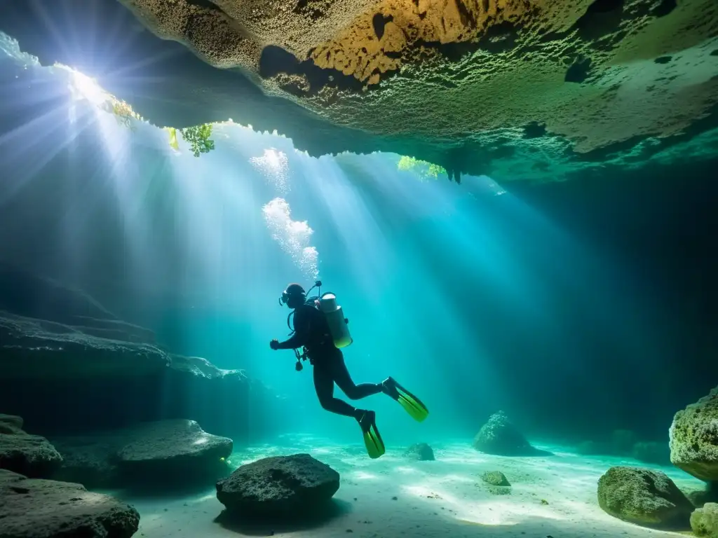 Buceo en cenotes Riviera Maya: un mundo subacuático de misterio y belleza en una cueva de piedra caliza iluminada por la luz natural