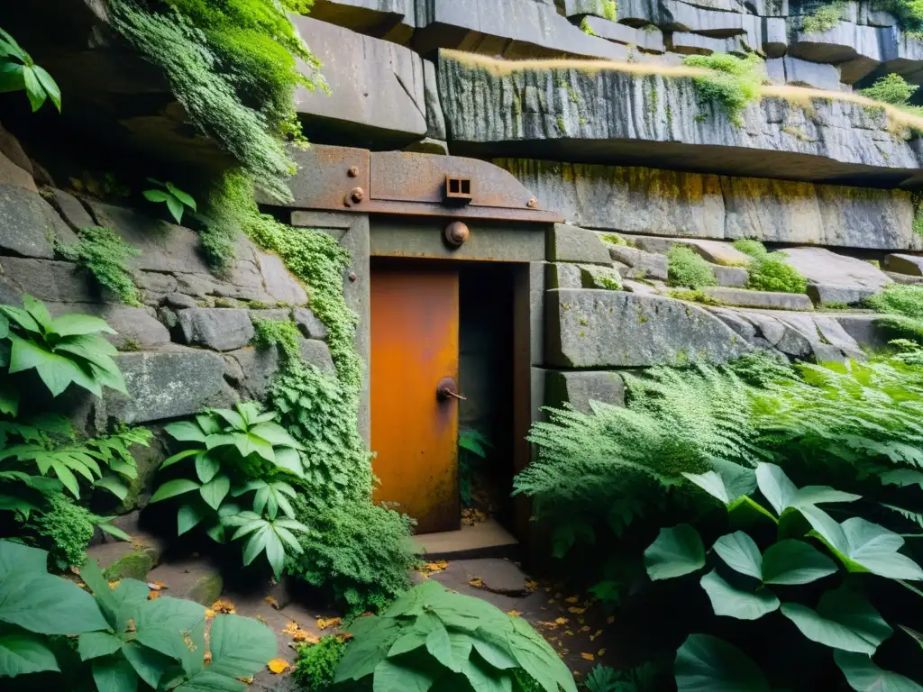 Bunker refugio subterráneo histórico tallado en la roca, con puerta oxidada y vegetación