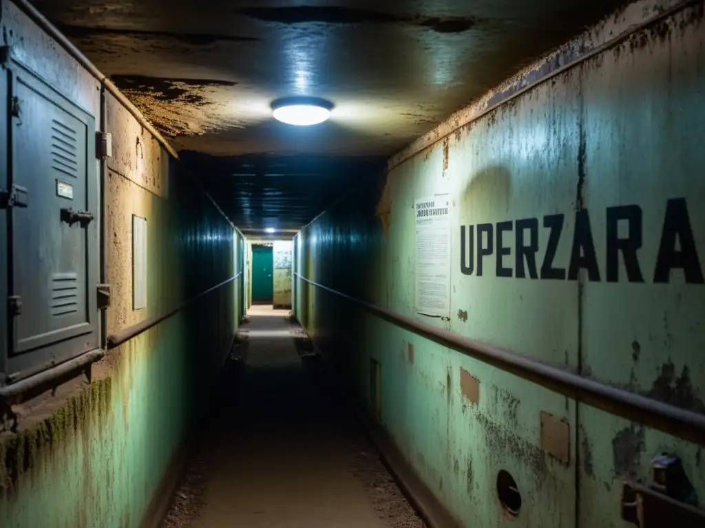 Un bunker subterráneo en Albania con luces tenues, paredes descascaradas, equipamiento antiguo y un aire de misterio e historia