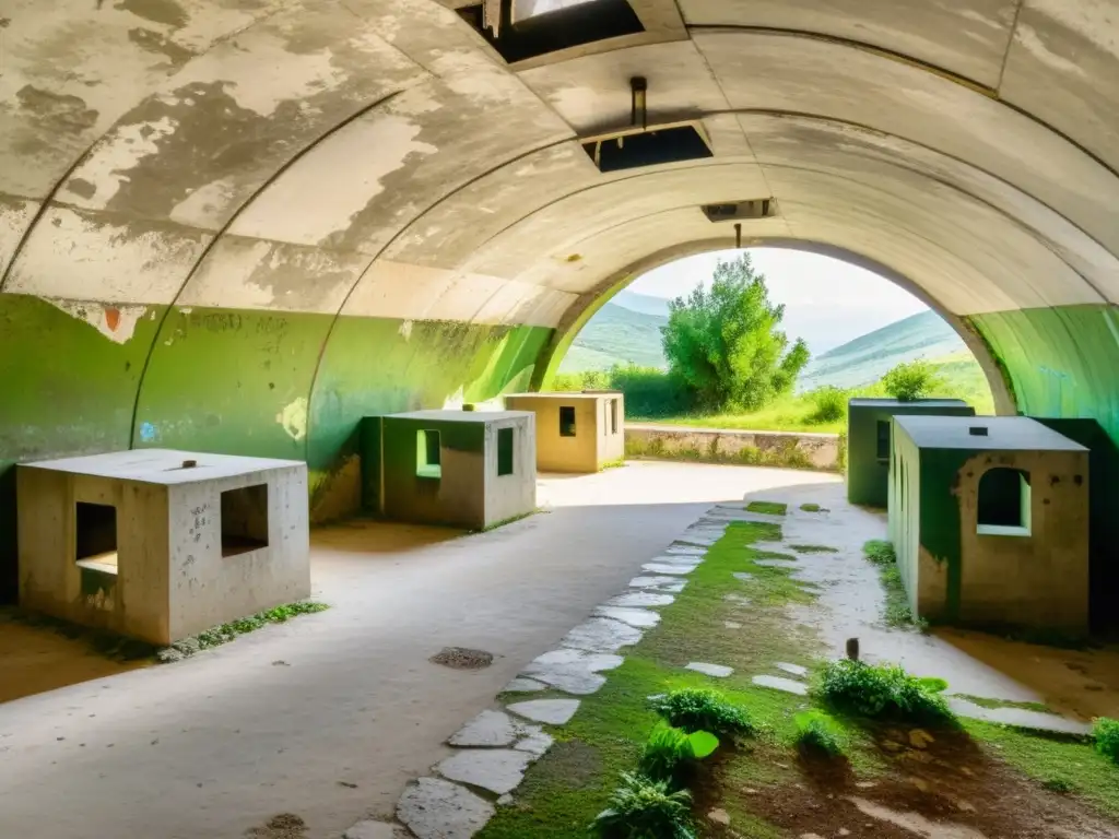 Bunkers subterráneos en Albania con naturaleza exuberante y restos históricos, simbolizando transformación y resiliencia